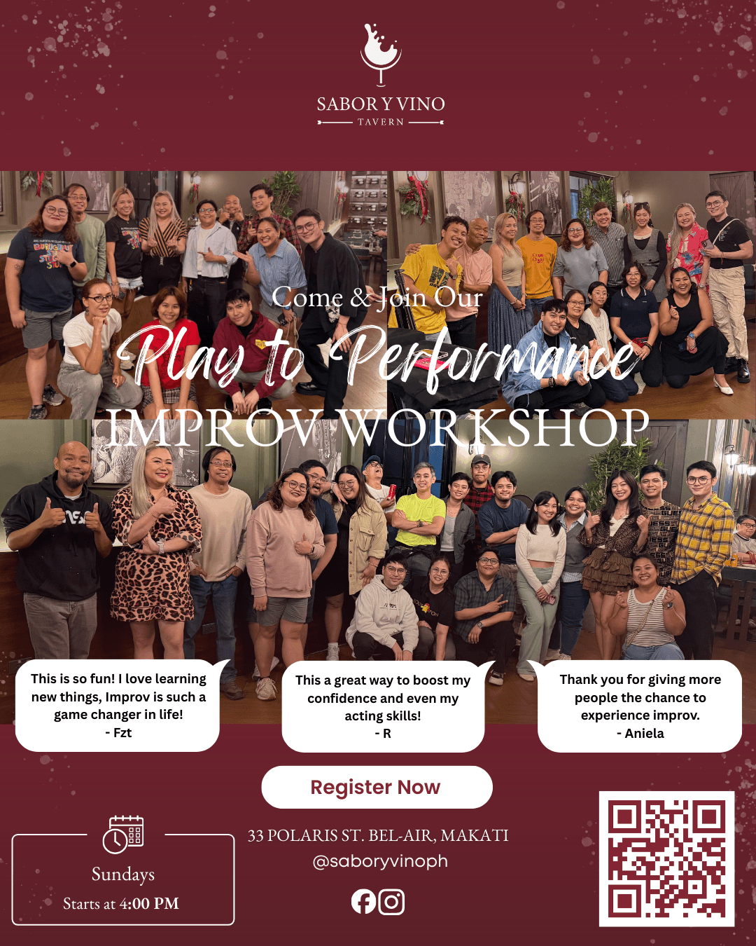 No Scripts, Just Sips / Play to Performance Improv Workshop Poster