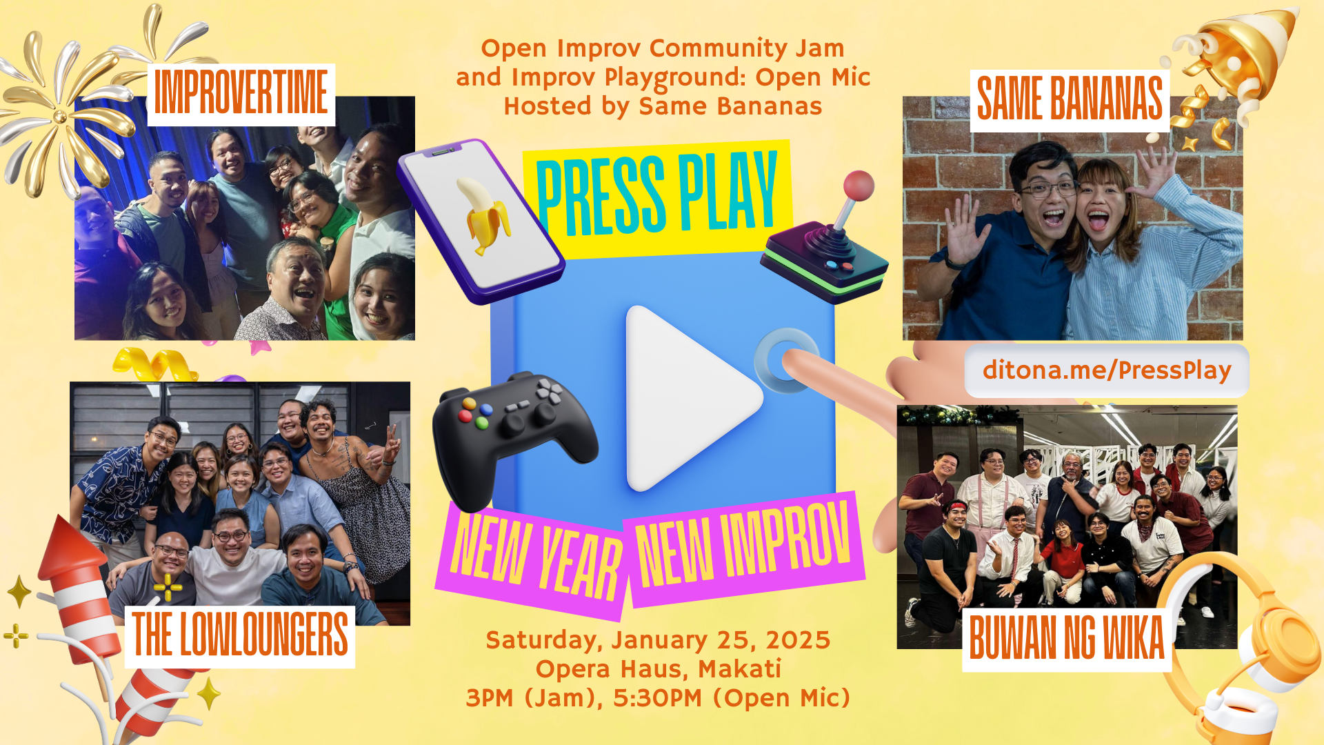 Press Play: New Year, New Improv - Open Improv Community Jam + Improv Playground: Open Mic Poster